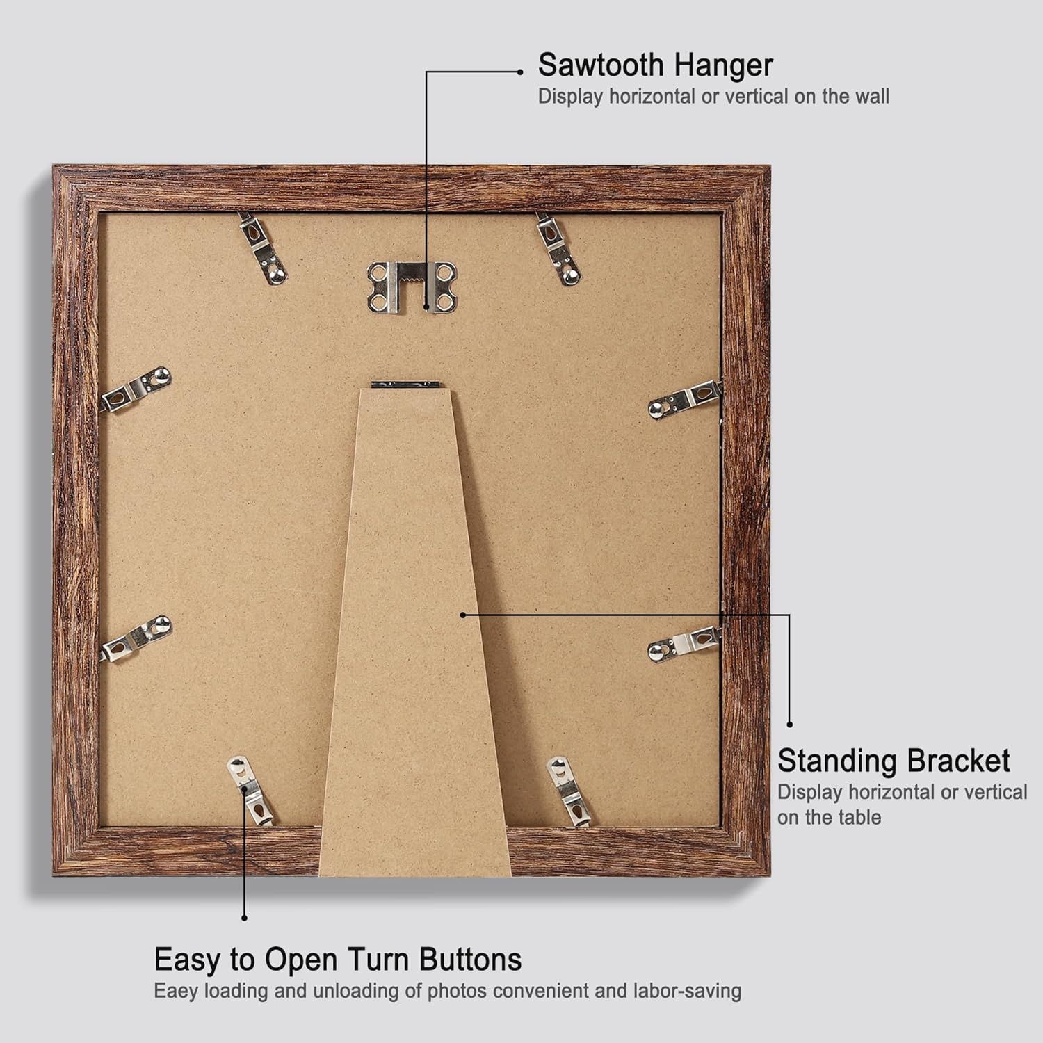 10x10 Picture Frame Set of 4, Made of Glass and Rustic Brown Wooden Frame - Display Picture 8x8 with Mat or 10 x 10 Without Mat, 10 by 10 Photo for Wall or Tabletop