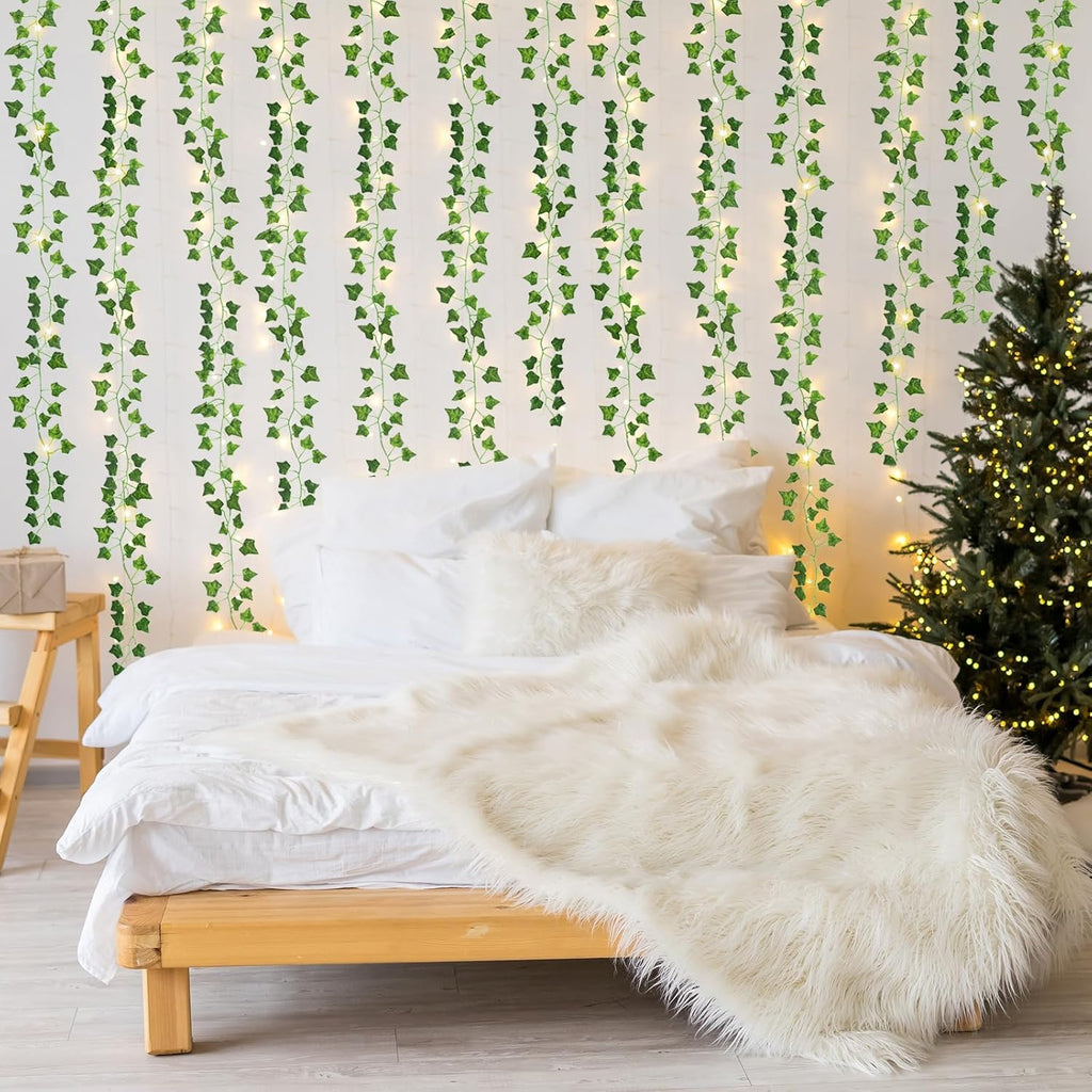 CEWOR 168Ft 24 Pack Ivy Garland Artificial Ivy Vines with Lights, Fake Leaves with 200 LED String Lights, Hanging Plants Greenery Decoration for Bedroom Wall Garden Wedding Party