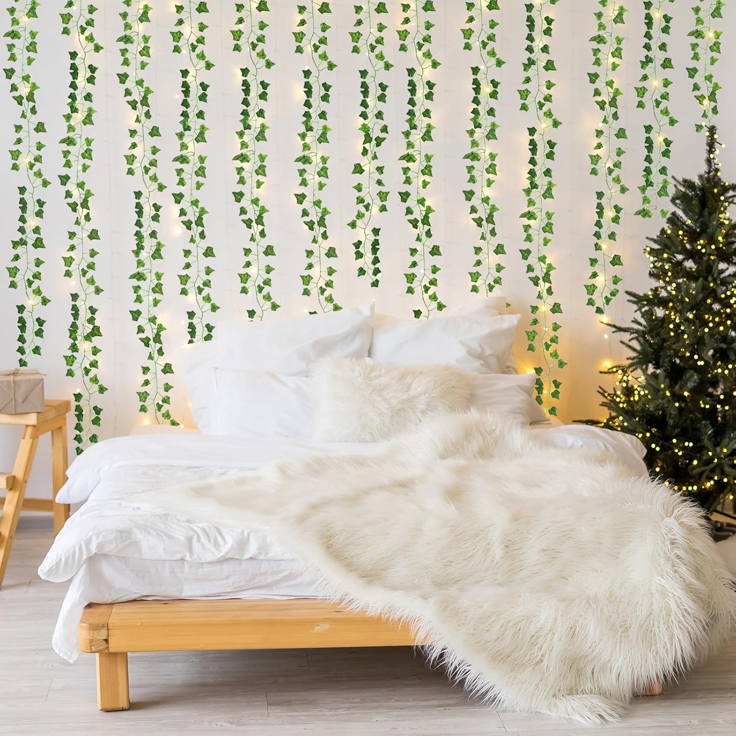CEWOR 168Ft 24 Pack Ivy Garland Artificial Ivy Vines with Lights, Fake Leaves with 200 LED String Lights, Hanging Plants Greenery Decoration for Bedroom Wall Garden Wedding Party