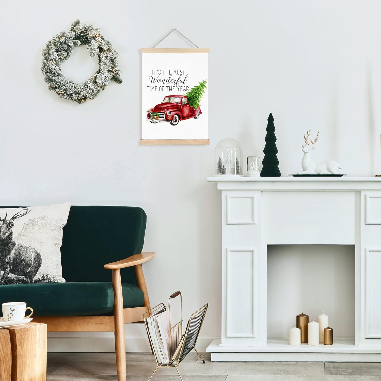 FDHSPAAM Red Truck Christmas Wall Art Decor, Retro Christmas Decor, Holiday Old Truck Xmas Tree Wreath Wall Art Posters for Home Bedroom Living Room, 12x16 Inch