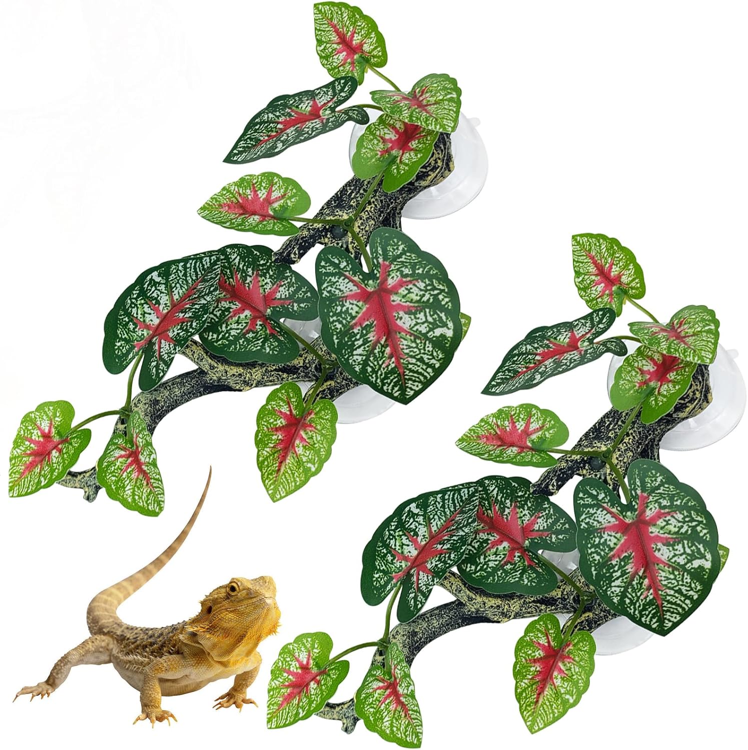 kathson 2 PCS Reptile Corner Branch Resin Snake Climbing Accessories with Leaves Terrarium Plant Decoration with Suction Cup Lizard Plant Ornament for Frog Bearded Dragon Gecko Spider Climbing