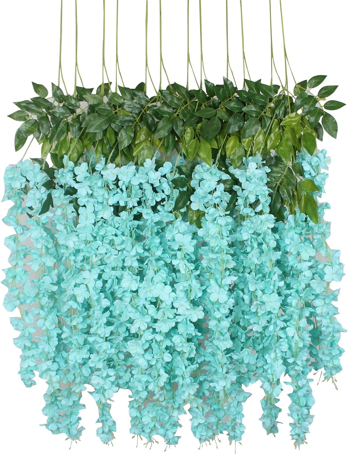Duovlo 12 Piece Artificial Silk Wisteria Vine 3.6 Feet Hanging Flower Garland String Home Party Wedding Decor (Lake Blue)