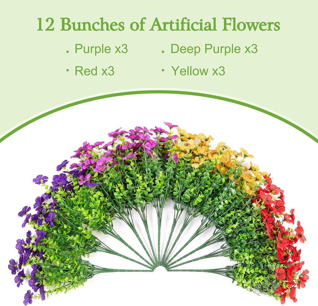 Fall Mums Artificial Flowers for Outdoors Potted, 12 Bundles Fake Fall Daisy Flower with Realistic Eucalyptus Leaves, Fake Plants for Greenery Boxwood Porch Patio Garden Pot Lawn