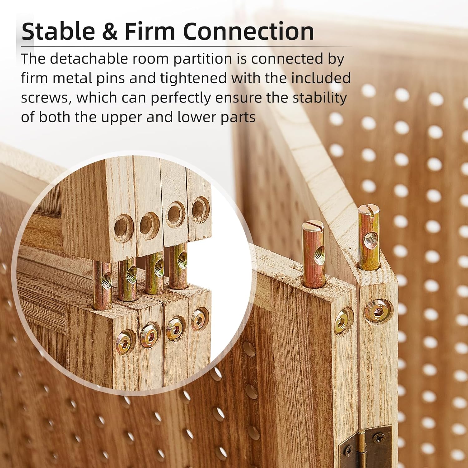 5.6Ft Wood PegBoard Room Divider 4 Panel Detachable Folding Privacy Screen Pegboard Display 33.5" 2in1 Standalone Portable Wall Divider Room Partition for Jewelry, Craft Show, Bedroom-Natural