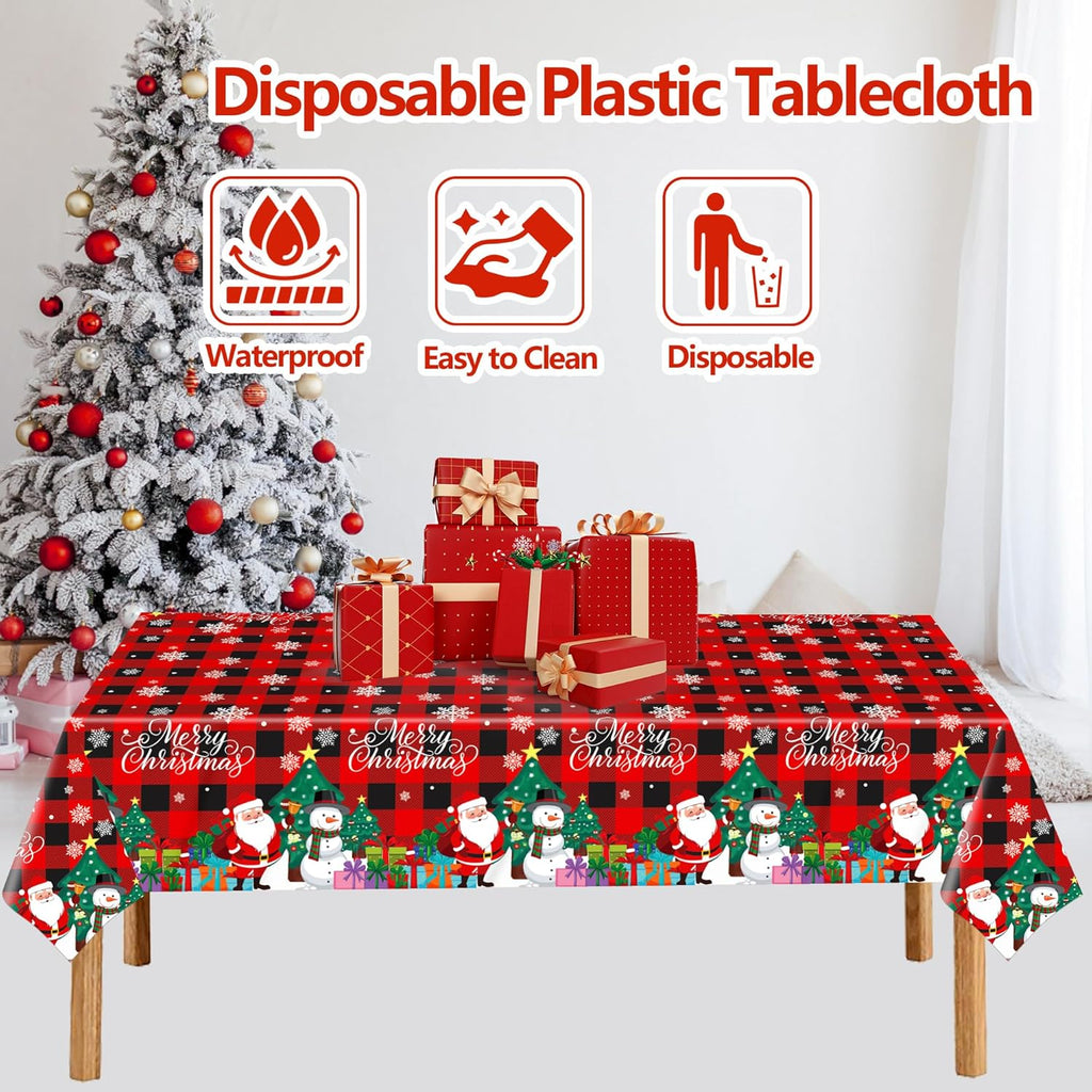 3 Pack Plastic Christmas Tablecloth Red Black Plaid Table Cover Snowman Santa Claus Table Cloth for Xmas Decorations Winter Holiday Party Supplies