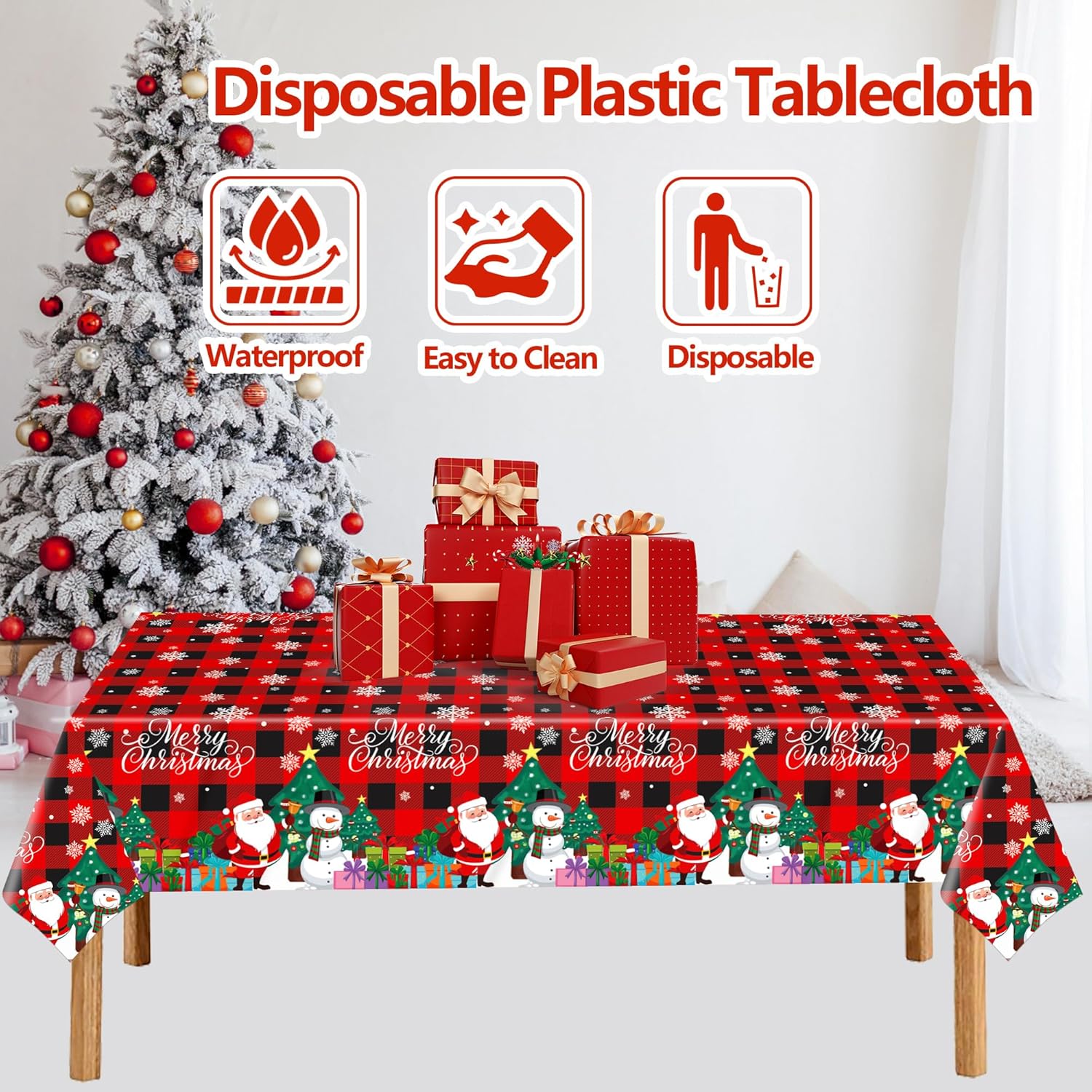 3 Pack Plastic Christmas Tablecloth Red Black Plaid Table Cover Snowman Santa Claus Table Cloth for Xmas Decorations Winter Holiday Party Supplies