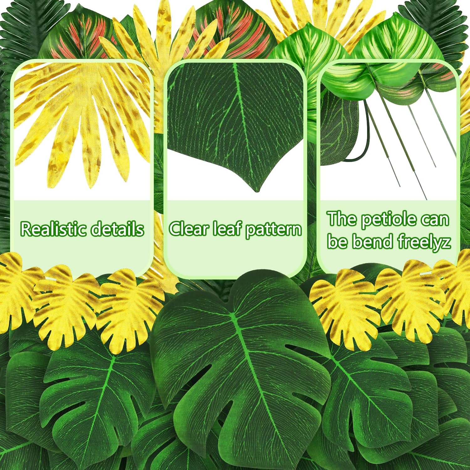 Jungle Party Decorations, 50 Pieces 8 Kinds Palm Leaves Artificial Tropical Monstera, Jungle Leaf with Stem for Jungle Hawaiian Luau Party Table Decoration Wedding Birthday, Green and Gold