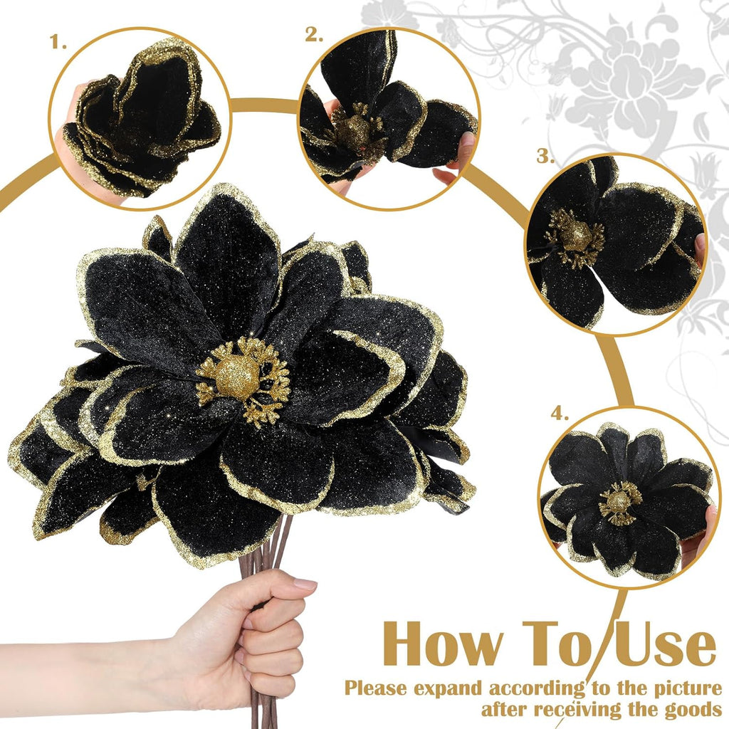 8 Pcs Large Christmas Flower Magnolia Flowers Christmas Tree Decoration Artificial Poinsettia Stems Velvet Xmas Ornaments for Xmas Tree Table Decor(Black,12 Inch)