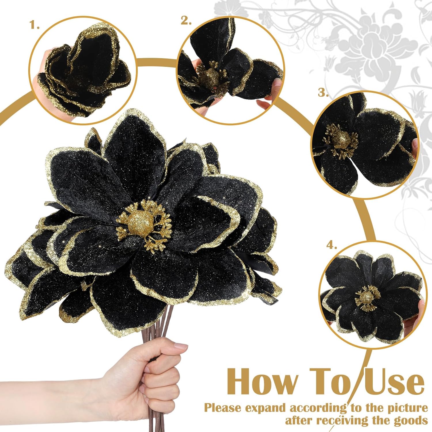 8 Pcs Large Christmas Flower Magnolia Flowers Christmas Tree Decoration Artificial Poinsettia Stems Velvet Xmas Ornaments for Xmas Tree Table Decor(Black,12 Inch)