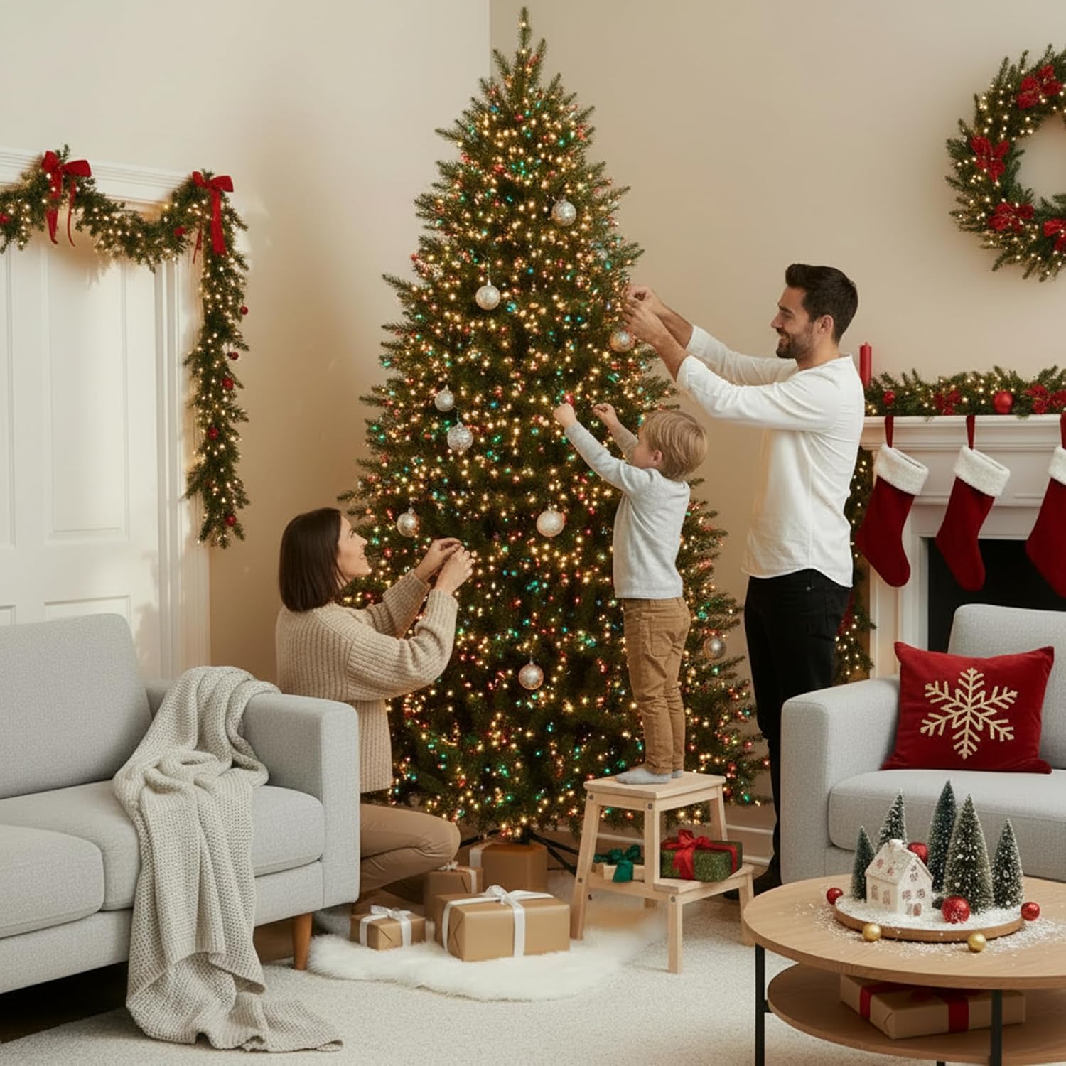 Holiday Bright Lights Royal Noble Sparkle 9 ft Pre-Lit Artificial Christmas Tree, 4,000 3 mm Rice Lights (White & Multicolor), 8 Modes, Remote & Foot Pedal