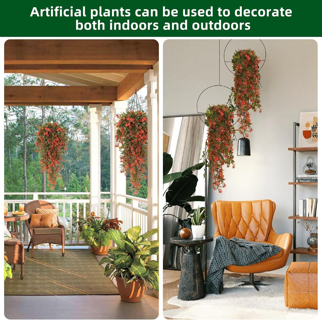 RECUTMS 2Pcs Fake Fall Plastic Outdoor Flowers Artificial Fall Hanging Plants Faux Greenery Vine Plant for Indoor Room Front Door Garden Porch Patio Wedding Party Decorations (Autumn Red)