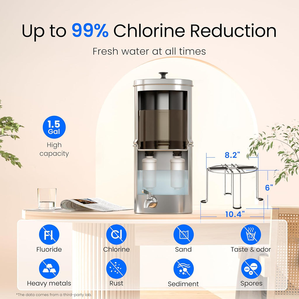 Waterdrop 1.5 Gallons Gravity-fed Water Filter System, NSF/ANSI 42&372 Standard, Stainless-Steel Travel System with 4 Filters, Metal Spigot and Stand, Reduces Up to 99% Chlorine-King Tank Series
