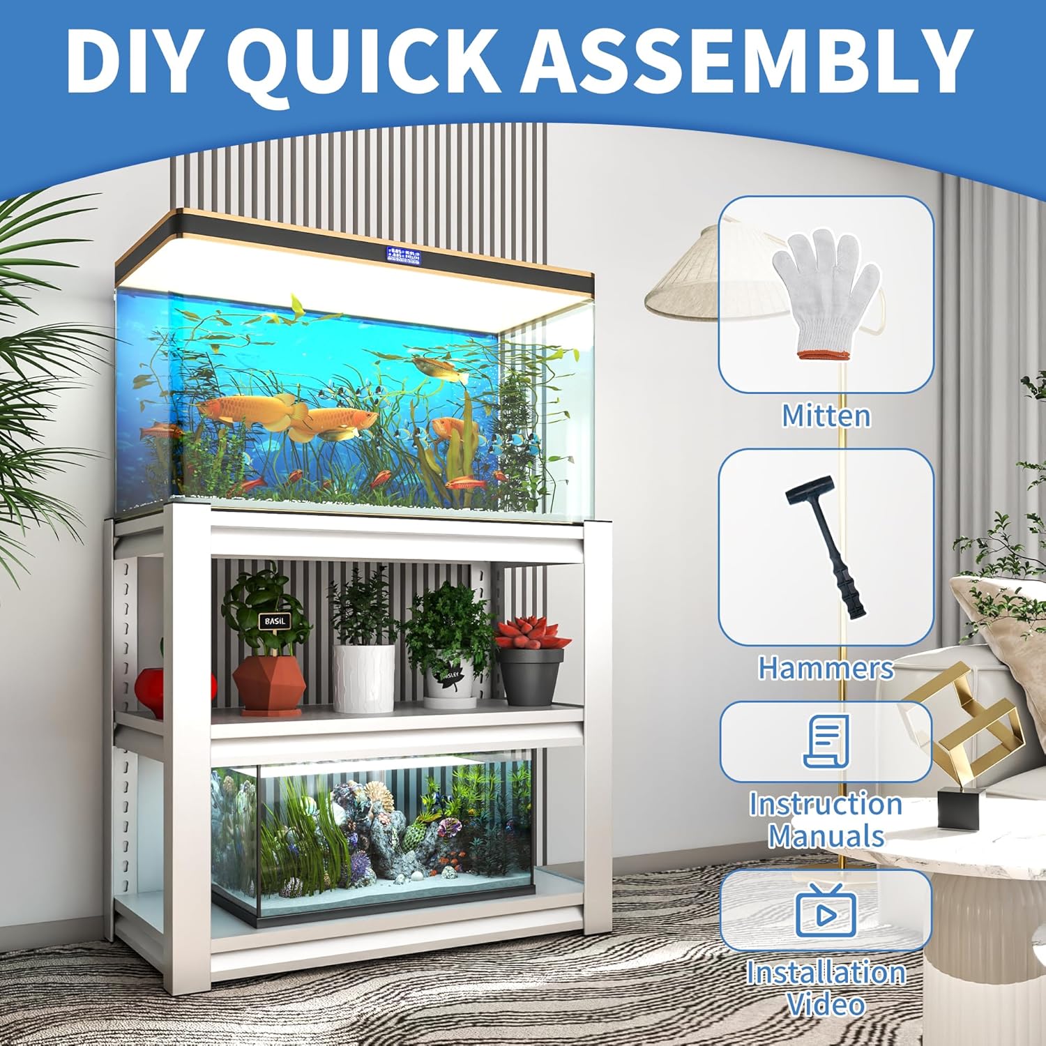 Fish Tank Stand White,3-tier Rack Shelf heavy duty Metal Frame Aquarium Stand 20 Gallon,Reptile Terrarium Stand for 30 Gallon Long Aquarium,Reptile Tank Stand,Breeder Tank Stand,31.5"*18"*34"