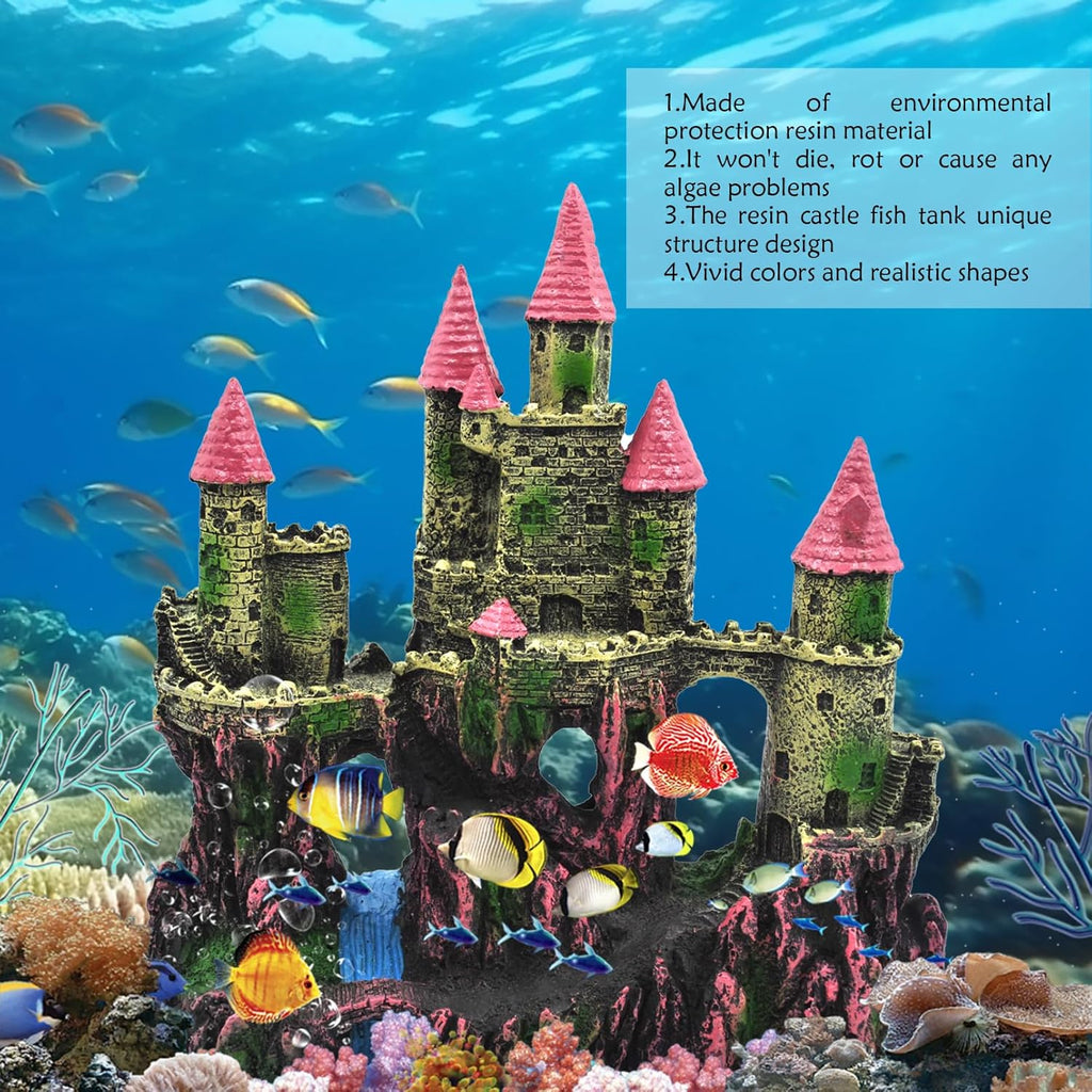 Aquarium Castle Decorations, Resin Castle for Fish Tank with Randomly Color Plants Decor Accessories for Freshwater and Saltwater Fish Tanks (Pink)
