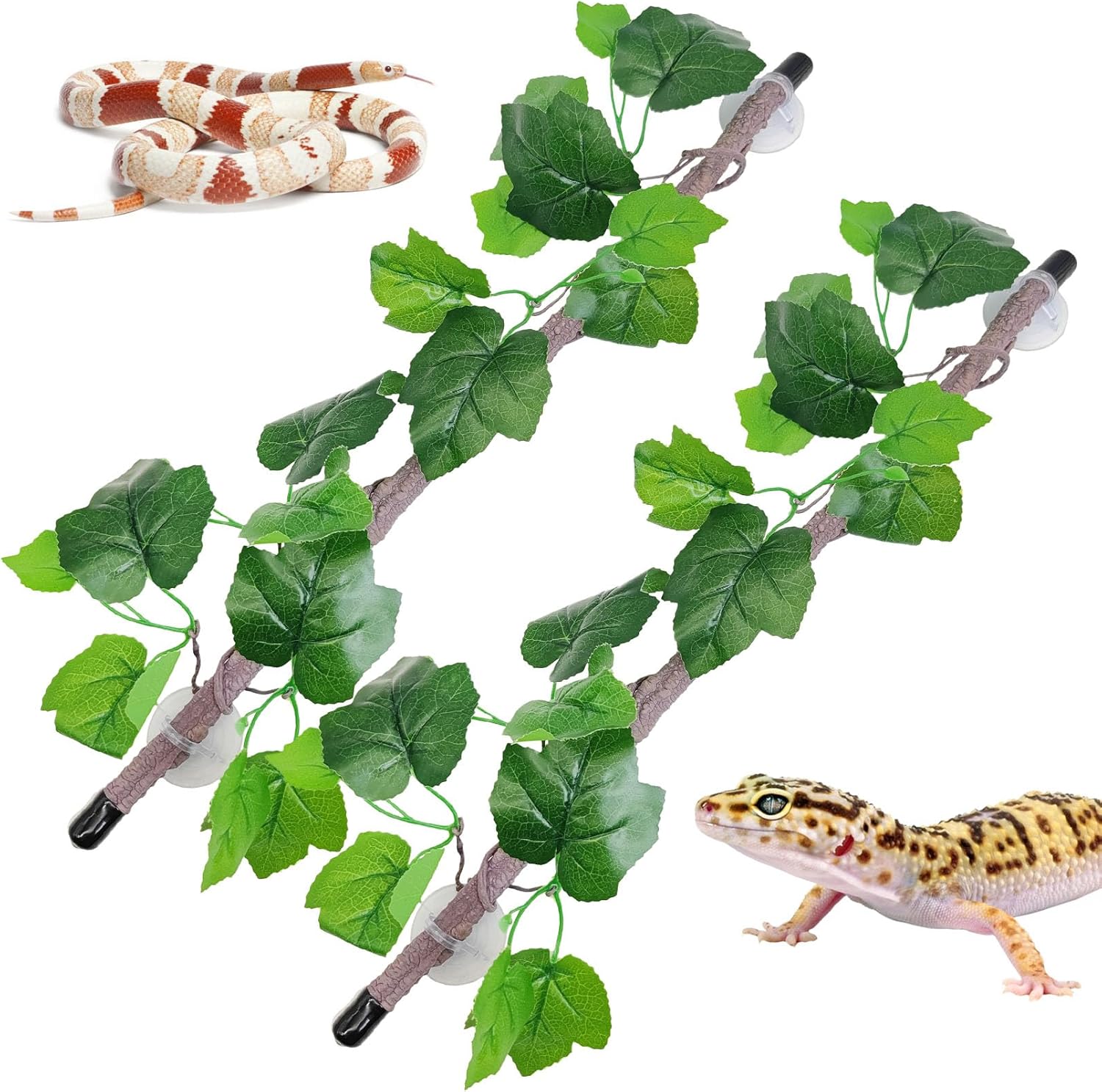 VCEPJH Reptile Climbing Branch Decor 2 Pcs Bendable Jungle Vine with Suction Cup Terrarium Plant Decoration for Gecko Bearded Dragons, Snake,Frogs, Chameleons Cage Accessories (U)