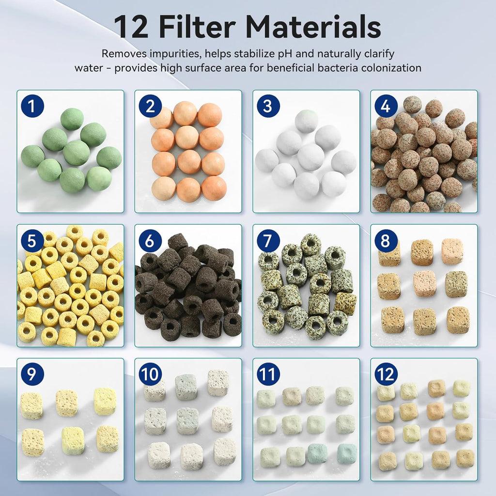 12-in-1 Aquarium Filter Media for Freshwater & Marine Tanks, Bio Filter Mix with Ceramic Rings & Bio Balls, Helps Maintain Clear Water for Sump, Pond & Koi Fish Tanks