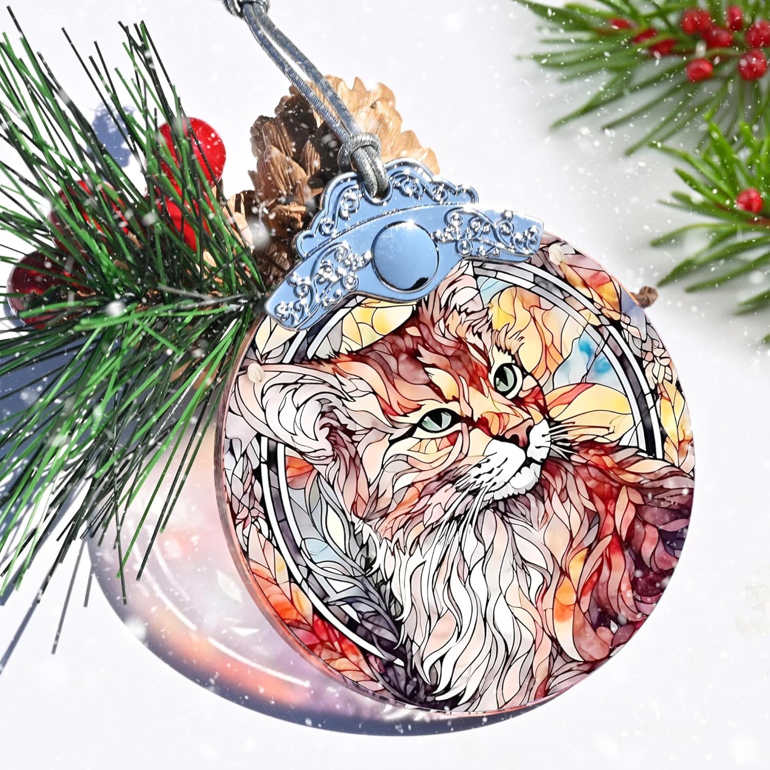 Stained Glass Christmas Ornament, Jocidea Cat Christmas Decorations, Christmas Tree Ornament, Cat Lovers Gifts, Holiday Decor and Xmas Gifts Ideas
