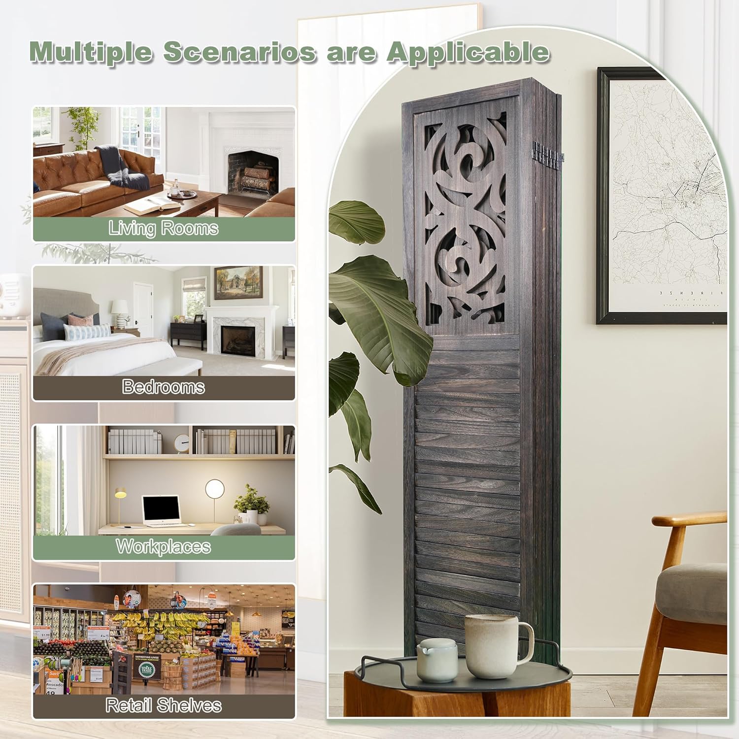 8 Panel Room Dividers 6FT Wall Divider Carved Wood Room Separator Folding Privacy Screens Cutout Design Foldable Partition Wall for Office Restaurant, Studio Apartment, Rustic Brown