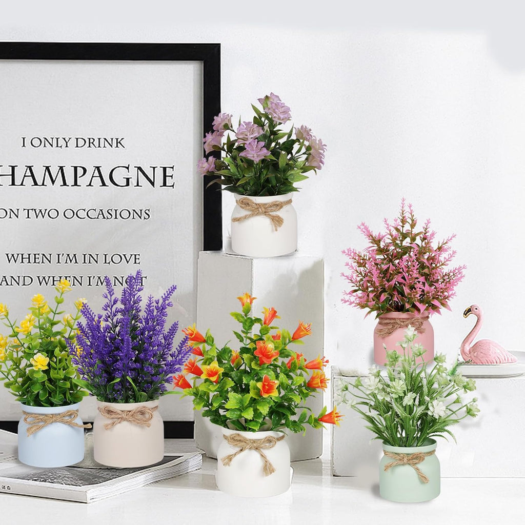 6pcs Artificial Pot Flowers Small Fake Plants with Pot Mini Potted Plants for House Office Tabletop Decoration