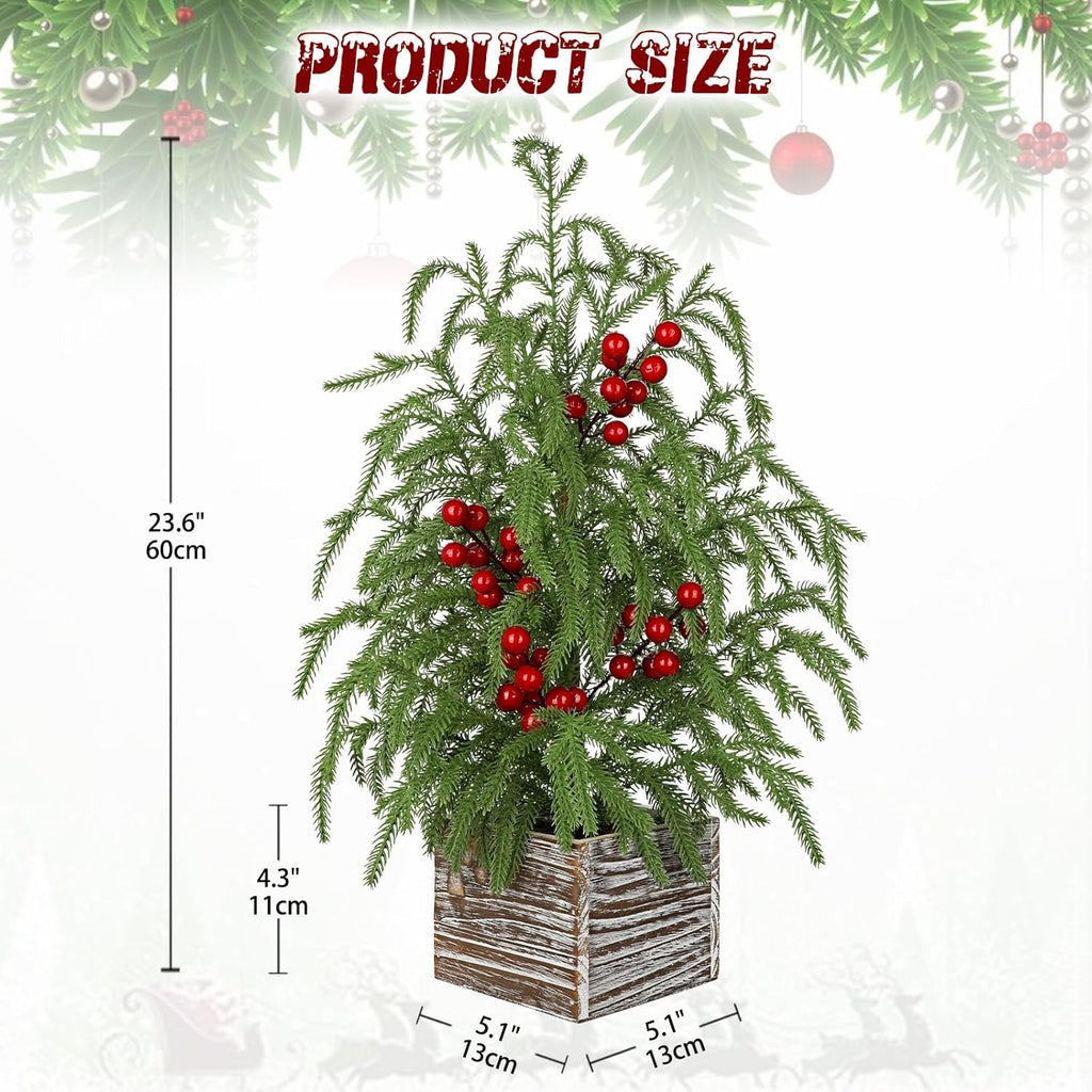 Briful 23.6'' Mini Table Top Christmas Tree with Red Berries – Small Faux Cypress Christmas Tree with Rustic Wooden Base, Realistic Norfolk Pine Tree for Home Office Desk Holiday Centerpiece Decor
