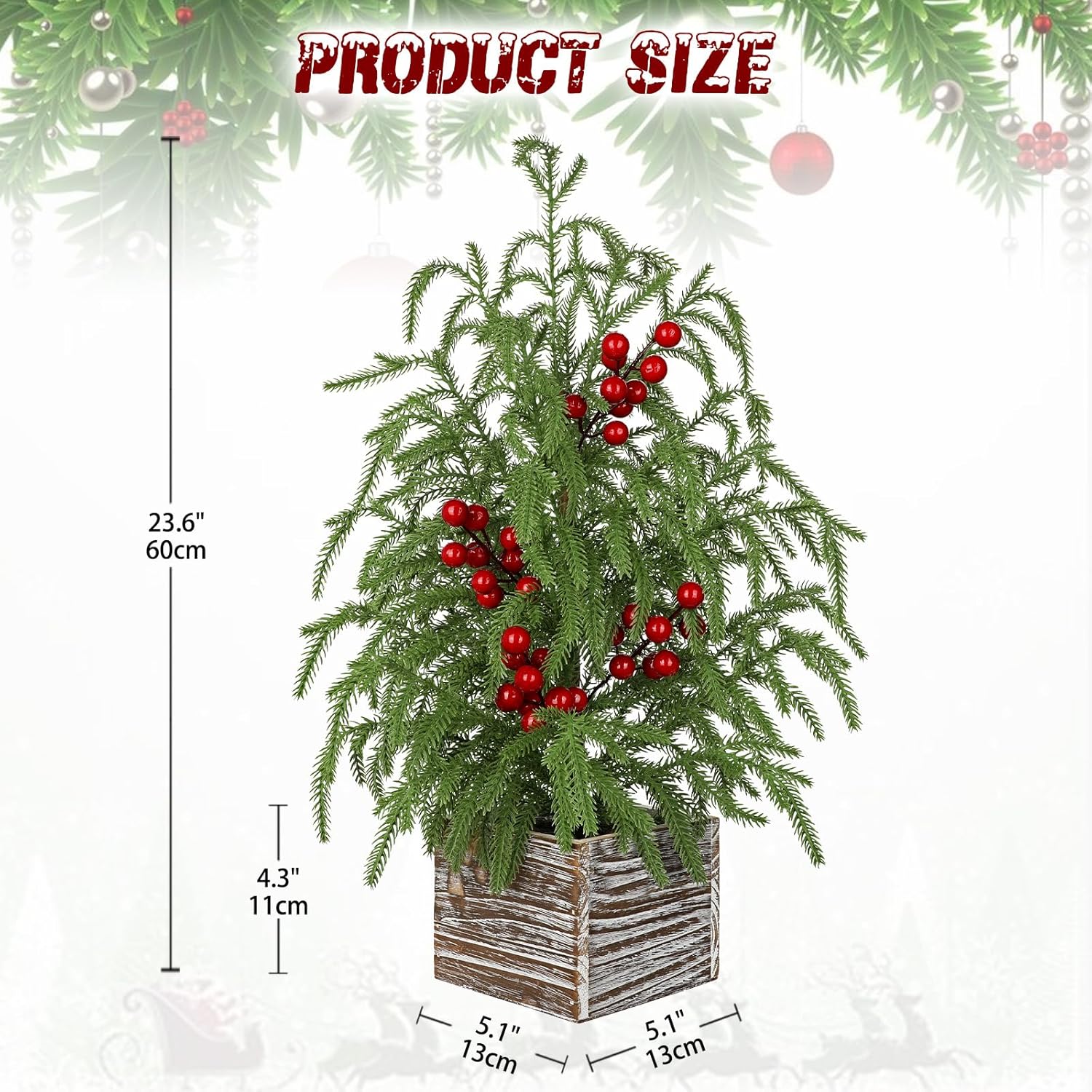 Briful 23.6'' Mini Table Top Christmas Tree with Red Berries – Small Faux Cypress Christmas Tree with Rustic Wooden Base, Realistic Norfolk Pine Tree for Home Office Desk Holiday Centerpiece Decor