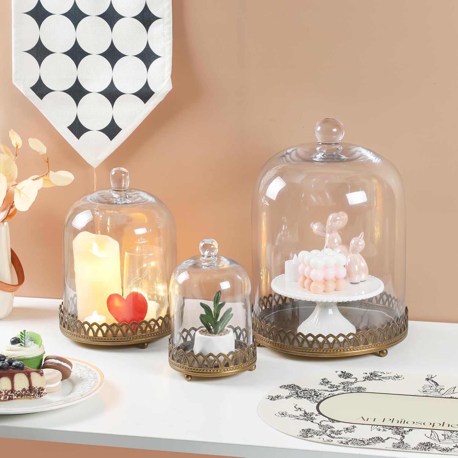 Twakutwku 8" Tall Large Sturdy Handmade Glass Cloche Dome with Metal Base in Gold for Plant, Terrarium, Collectibles, Candle. Cloche Glass Dome, Bell Jar Display Case (Gold, 8")