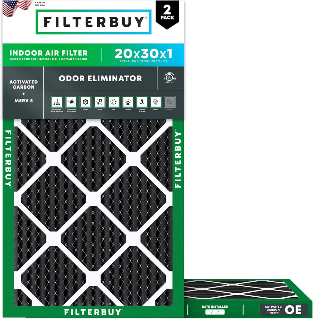 Filterbuy 20x30x1 Air Filter MERV 8 Odor & Allergy Defense with Activated Carbon (2-Pack), Electrostatic Pleated HVAC AC Furnace Filters Replacement, Made in USA (Actual Size: 19.63 x 29.63 x 0.75)
