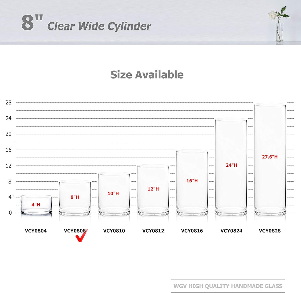 WGV Cylinder Vase, Width 8", Height 8", Clear Wide Large Diameter Flower Glassware, Floral Container, Planter Terrarium for Wedding Party Event, Home Accent Decor, 1 Piece