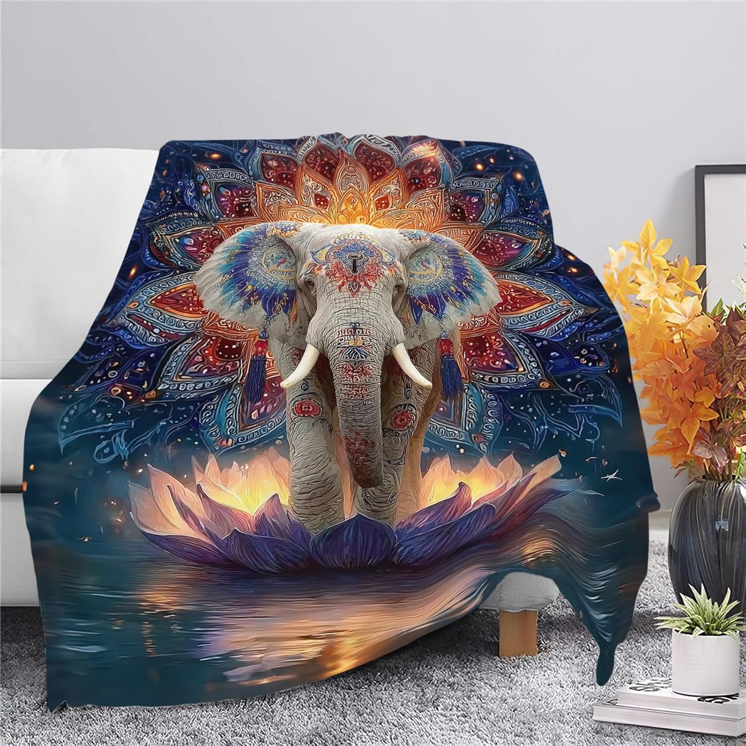 Elephant Throw Blanket Mandala Elephant Stuff Gifts for Kids Girls Boys Adults Women Men Soft Cozy Warm Plush Fluffy Fuzzy Fleece Blanket Decor 50''X60''