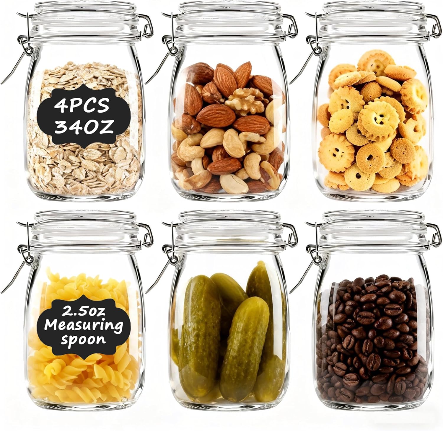 6PCS Glass Jars with Airtight Lid, 34 OZ Mason Jars Wide Mouth, Glass Pickling Jars for Canning & Fermenting, Mason Storage Container for Coffee, Flour, Sugar, Pasta