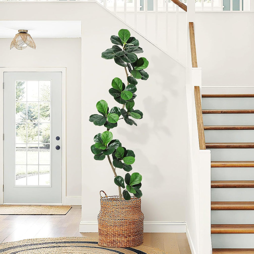 GarveeHome Fiddle Leaf Fig Artificial Tree with White Planter,7 ft Faux Plants Indoor with Moss, Fake Rubber Tall Fake Floor Plant in Pot - Artificial Trees for Home Office Living Room Decor