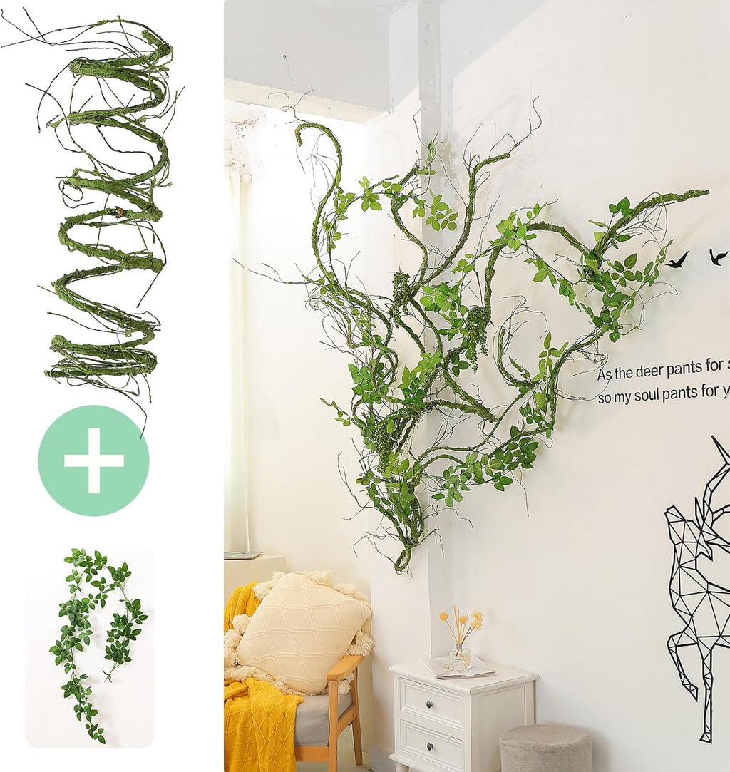 300cm/118inch Flexible Green Small Artificial Tree Branches Fake Tree Trunk Garland Rattan Wreath Cherry Blossom Grape Vines Floral for Wall Hanging Front Door Reptile Habitat Decoration