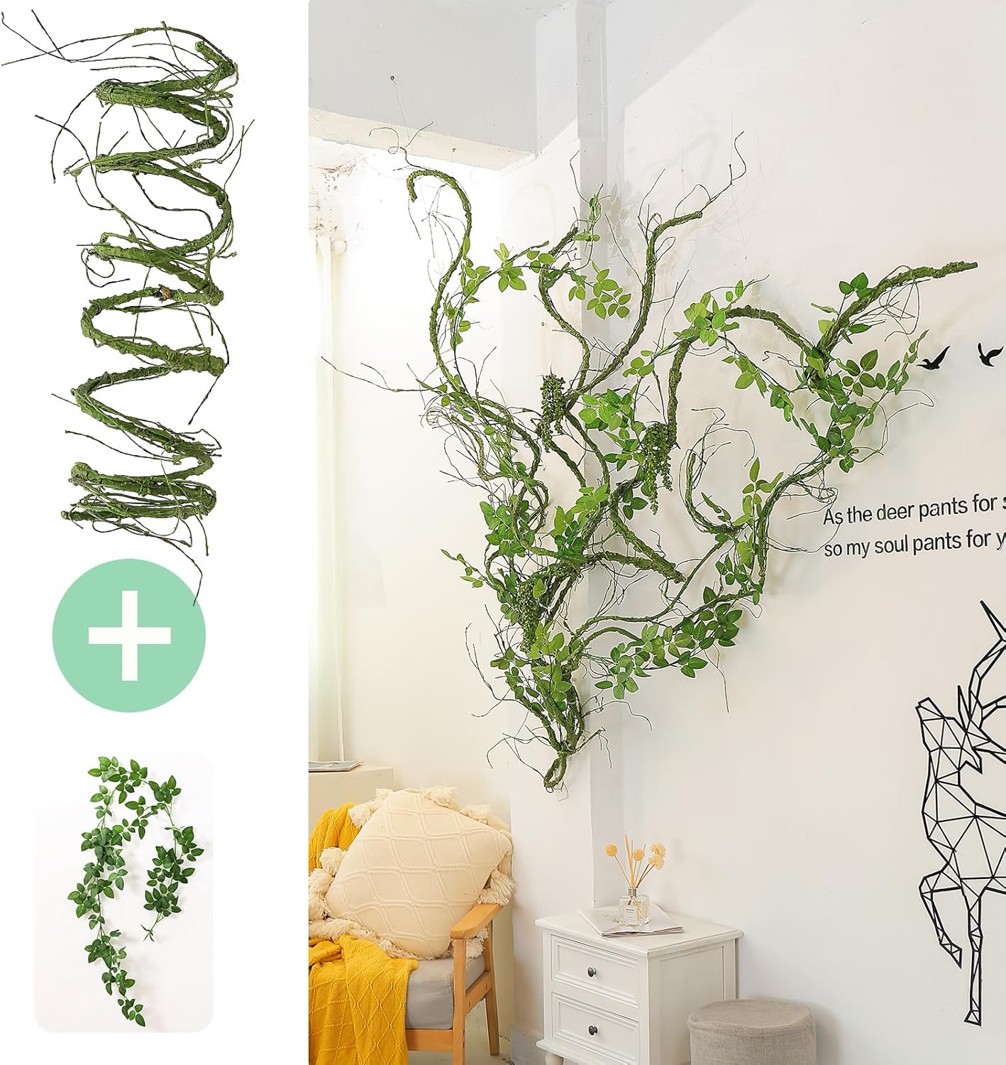 300cm/118inch Flexible Green Small Artificial Tree Branches Fake Tree Trunk Garland Rattan Wreath Cherry Blossom Grape Vines Floral for Wall Hanging Front Door Reptile Habitat Decoration