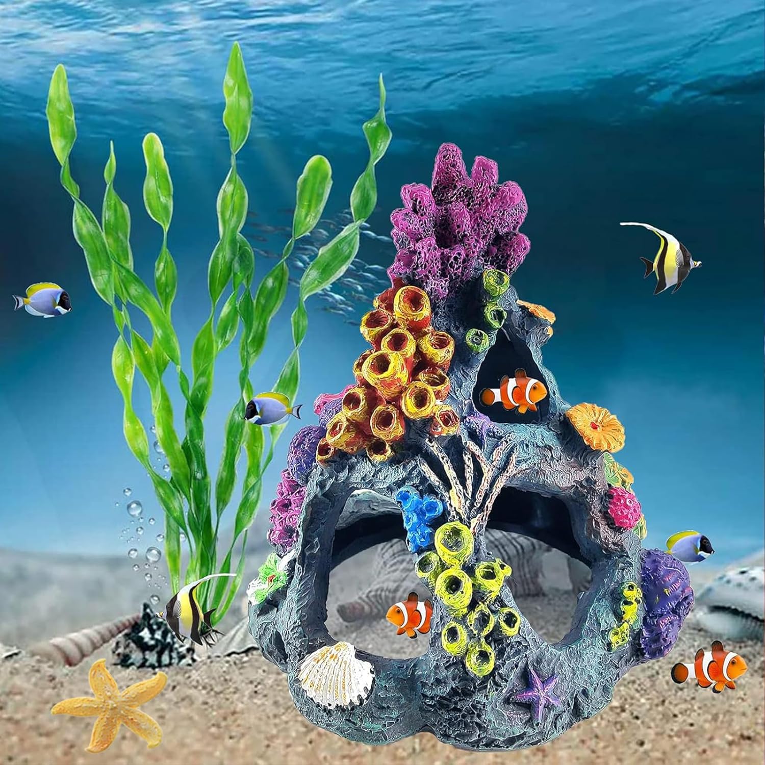 Fish Tank Decoration Set, Aquarium Decor Colorful Coral Mountain x 1pc, Betta Fish Tank Accessories Aquatic Plants x 4pcs，Aquarium Decor Starfish x 1pcs.