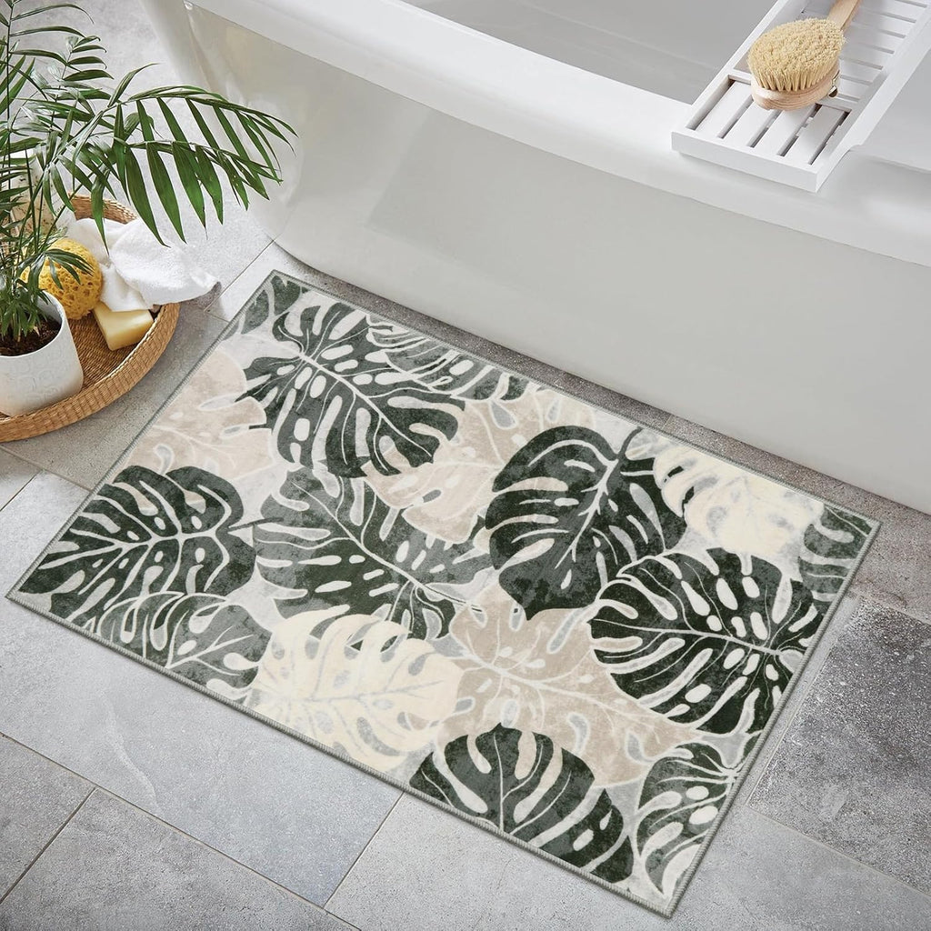 Wonnitar 2x3 Leaf Entryway Rug, Washable Small Indoor Rug for Front Door Entry, Non-Slip Tropical Monstera Kitchen Carpet Soft Low Pile Bath Mats for Bedroom Bathroom, Dark Jungle Green