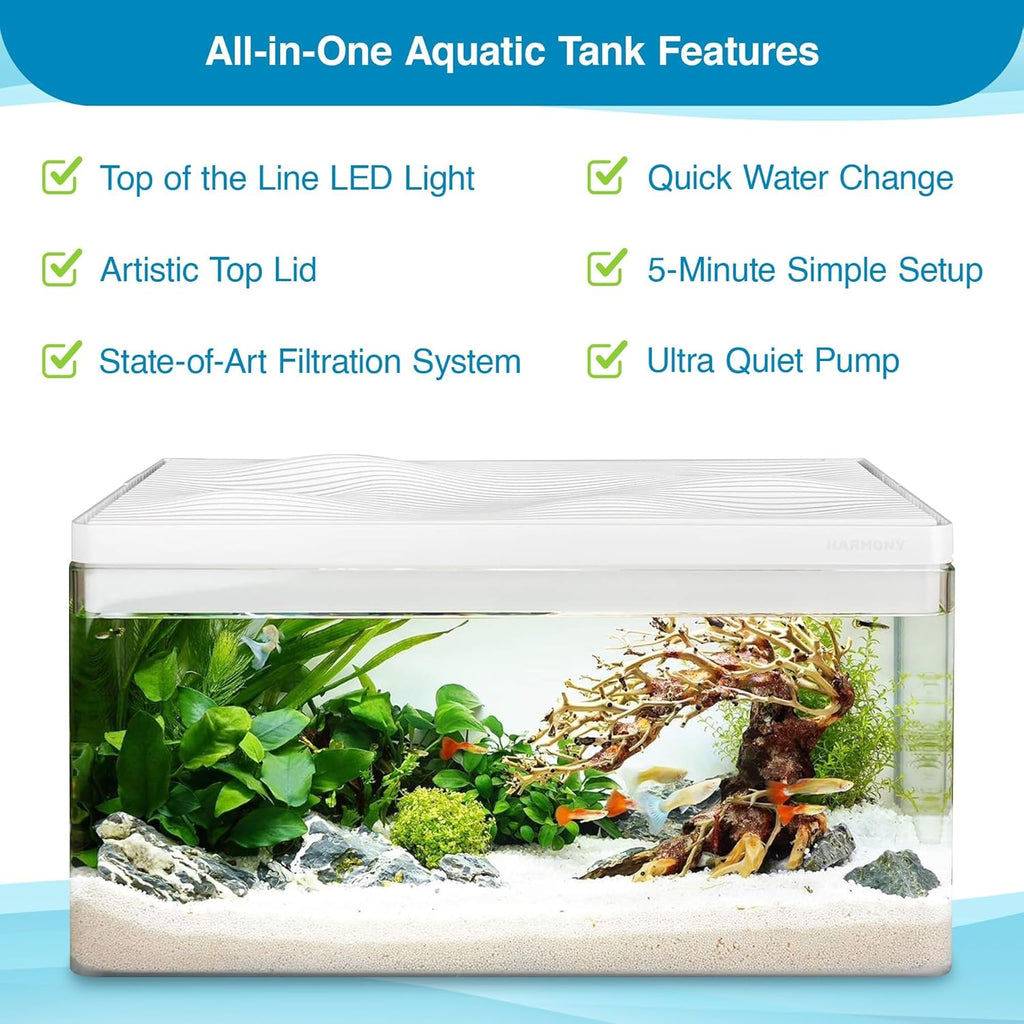 Harmony Aquarium Tank by Clairnara – All-in-One 8 Gallon Freshwater Fish Tank with LED Light, Quiet Pump, and Patented Filtration – iF Design Award Winner