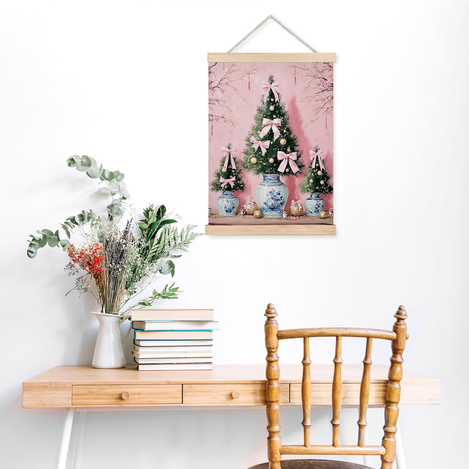 FDHSPAAM Pink Chinoiserie Christmas Tree Wall Art Decor, Pink Christmas Decor, Trendy Holiday Grandmillennial Preppy Bow Tree Wall Art Posters for Home Bedroom Living Room, 12x16 Inch