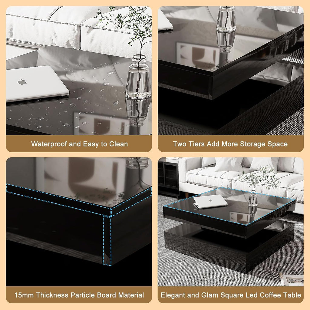 Black LED Coffee Table for Living Room, Living Room Table 2-Tier Square Center Tables, Wood Coffee Tables with Storage, Tea Table for Dining Reception Room