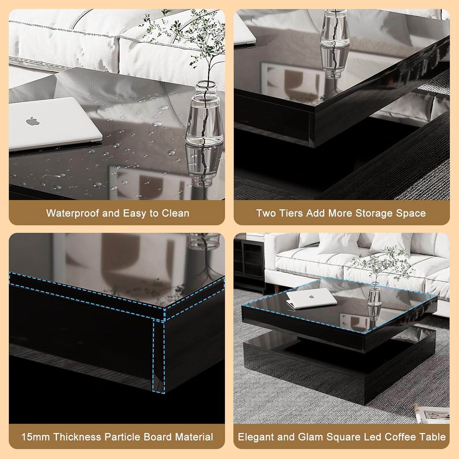 Black LED Coffee Table for Living Room, Living Room Table 2-Tier Square Center Tables, Wood Coffee Tables with Storage, Tea Table for Dining Reception Room