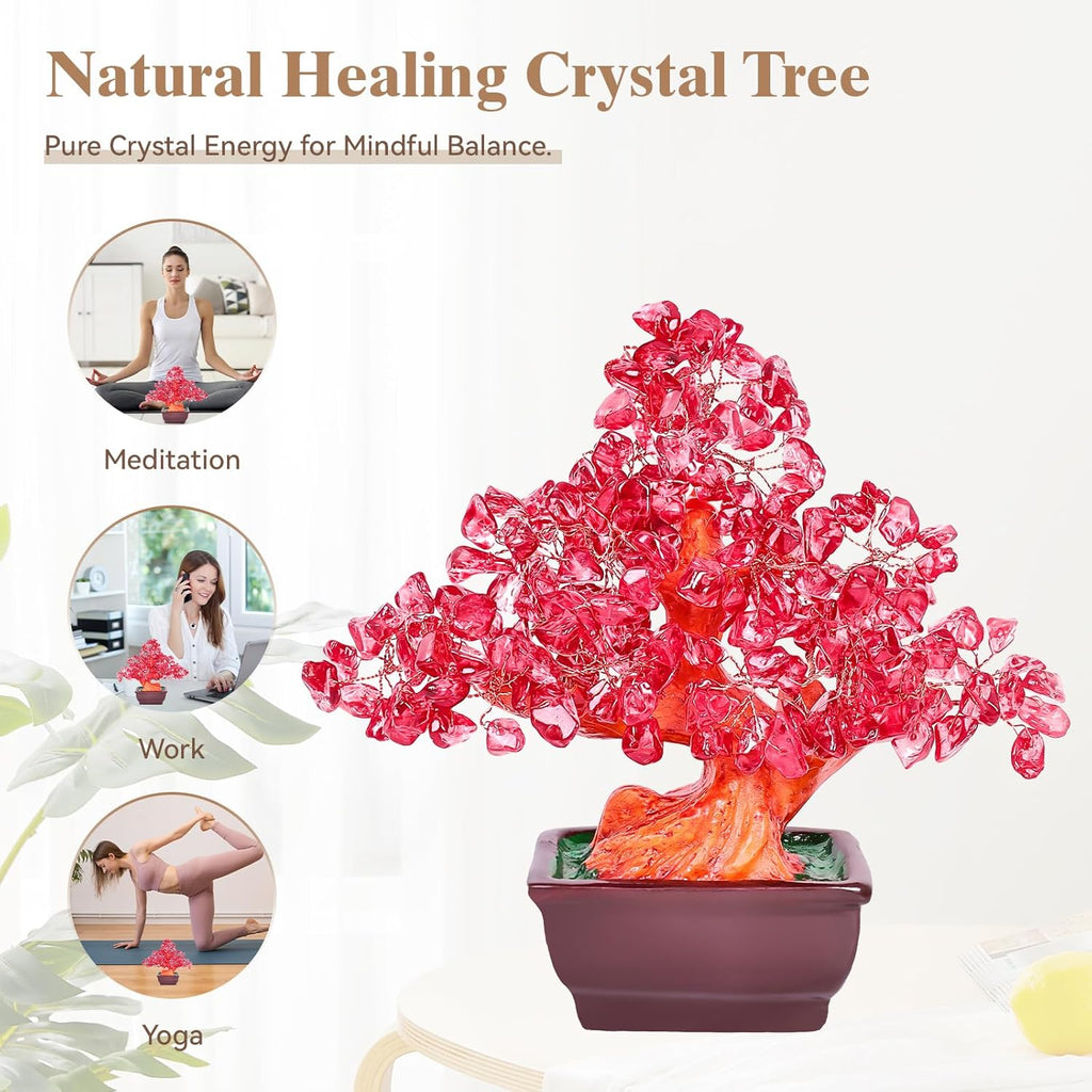 Feng Shui Quartz Crystal Money Tree Bonsai Style Decoration for Luck and Wealth (Red)