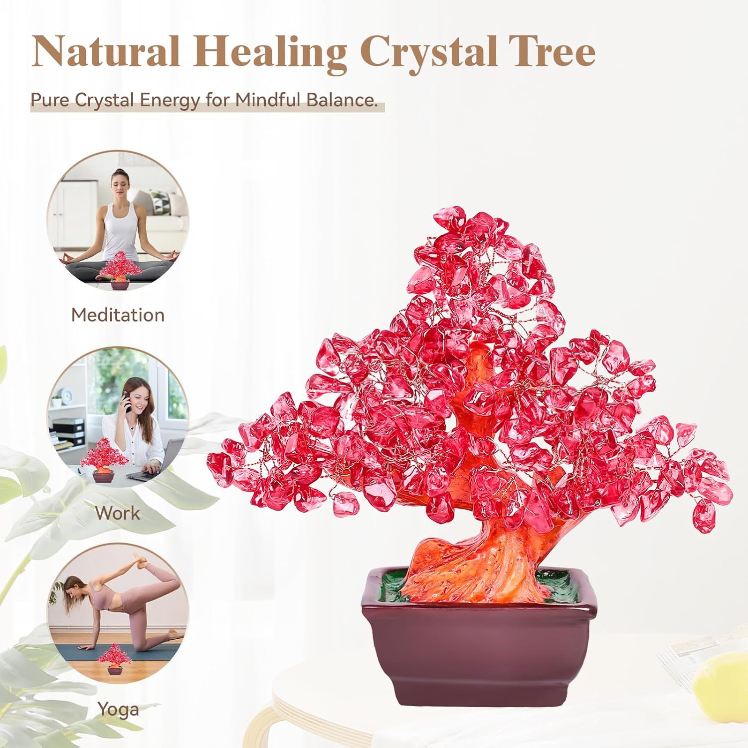 Feng Shui Quartz Crystal Money Tree Bonsai Style Decoration for Luck and Wealth (Red)