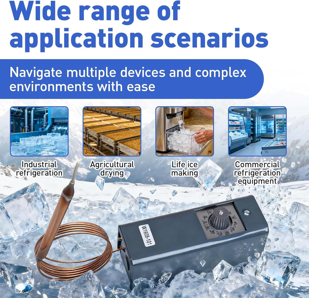 W1609-101 Refrigeration Thermostat Temperature Controller Remote Control Bulb TH-1609, 5FT Capillary Length, -30 to +90 Degrees Fahrenheit, -34 to +32 Degrees Celsius, °C and °F Dual Temperature dial