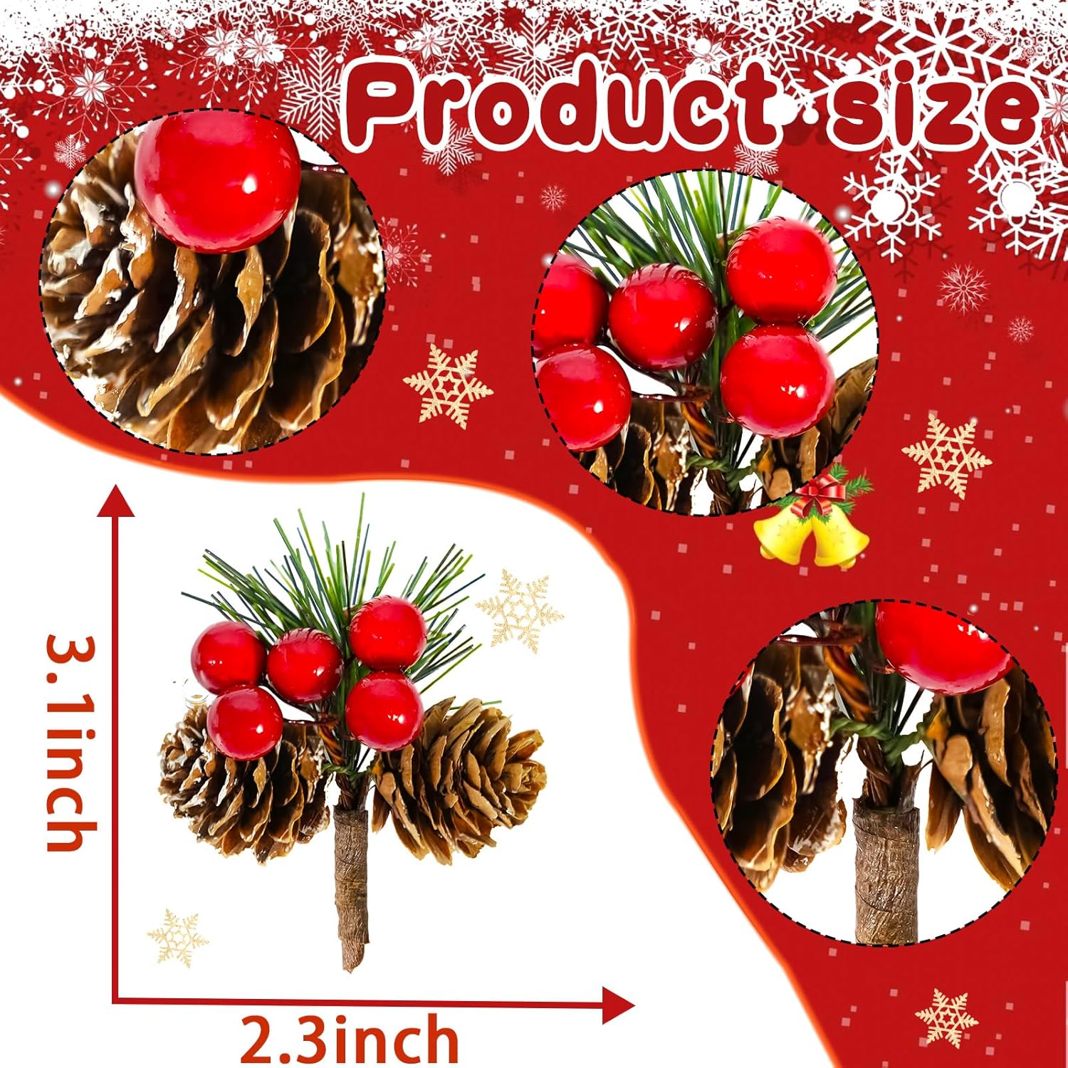 Wowagoga 30 PCS Faux Mini Snowy Pine Picks with Red Berries & Natural Pinecones Mini Artificial Pine Tree for Christmas Party Gift Decor