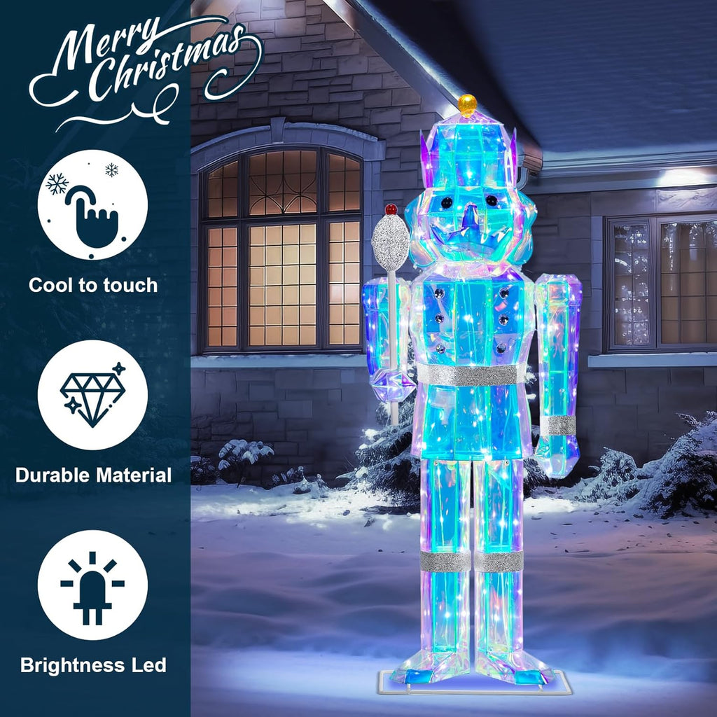 4FT Large Light-Up Giant Nutcracker Christmas Decor, Prismatic Iridescent Nutcracker Outdoor Soldier with 110 LED Pre-lit Lights, Plug-in Outdoor Nutcracker Decorations for Yard, Porch, Garden