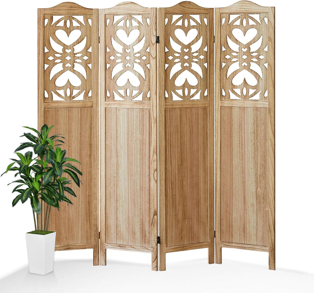 4 Panels Room Divider, 5.6Ft Carved Room Divider Wall and Foldable Divider Screens, Folding Privacy Screen, Folding Portable Partition Screen, Creative Divider Panel - Natural