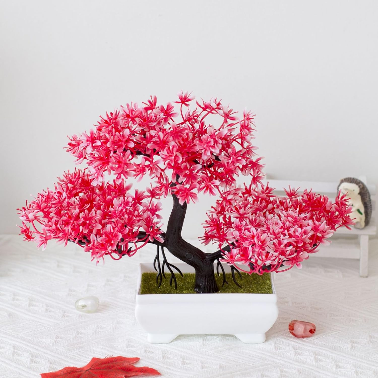 Mini Artificial Bonsai Tree Plants with Plastic Cement Pots for Home Office Décor(Red)