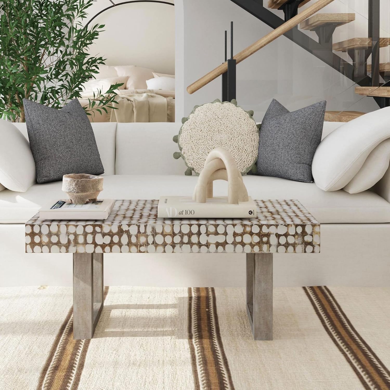 East at Main White Coffee Table – Handmade Accent Table with Coconut Shell Inlay, 40" Rectangular Wood Table for Living Room, Coastal Farmhouse or Boho Decor