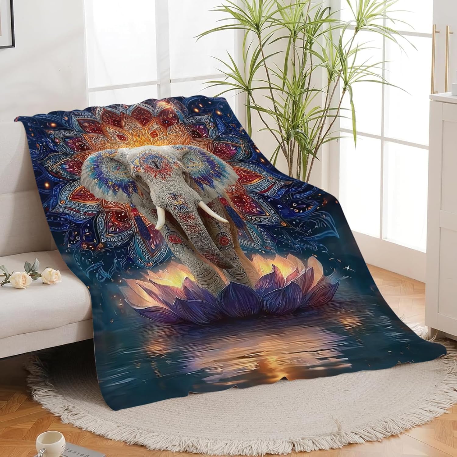 Elephant Throw Blanket Mandala Elephant Stuff Gifts for Kids Girls Boys Adults Women Men Soft Cozy Warm Plush Fluffy Fuzzy Fleece Blanket Decor 40''X50''