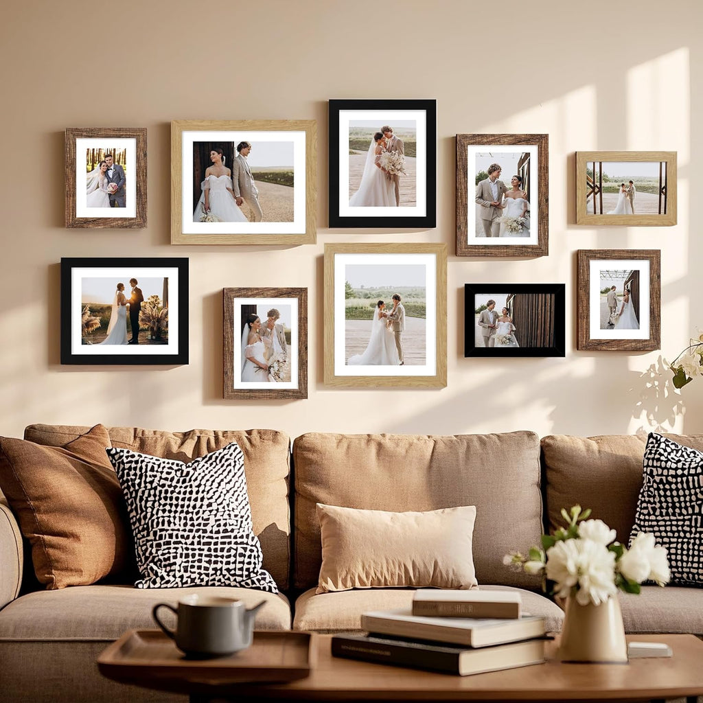 7x10 Picture Frame Set of 4, Made of Real Glass and Natural Oak Frame - Display Picture 5.5x8.5 with Mat or 7x10 Without Mat, 7 by 10 Photo for Wall or Tabletop