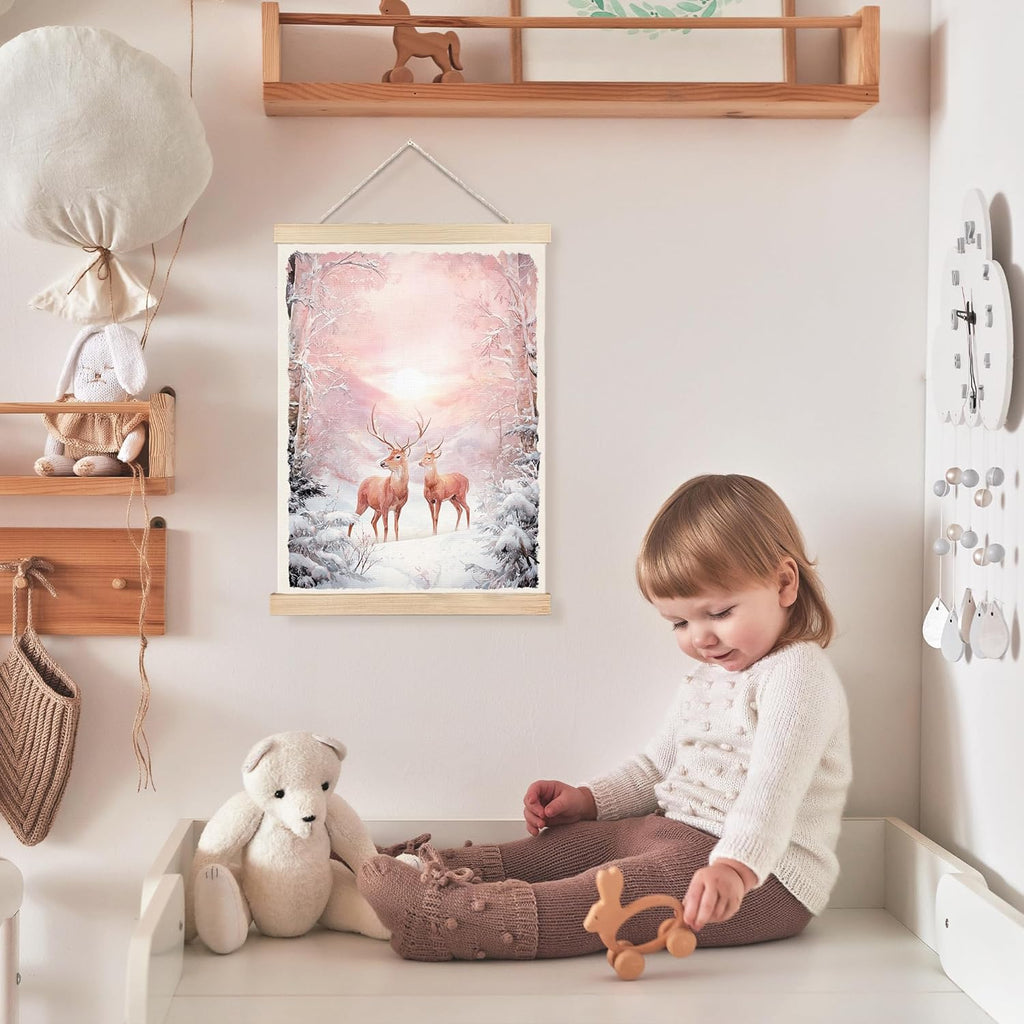 FDHSPAAM Pink Winter Deer Wall Art Decor, Vintage Christmas Decor, Rustic Holiday Pink Snowy Forest Sunset Winter Scene Wall Art Posters for Home Bedroom Living Room, 12x16 Inch